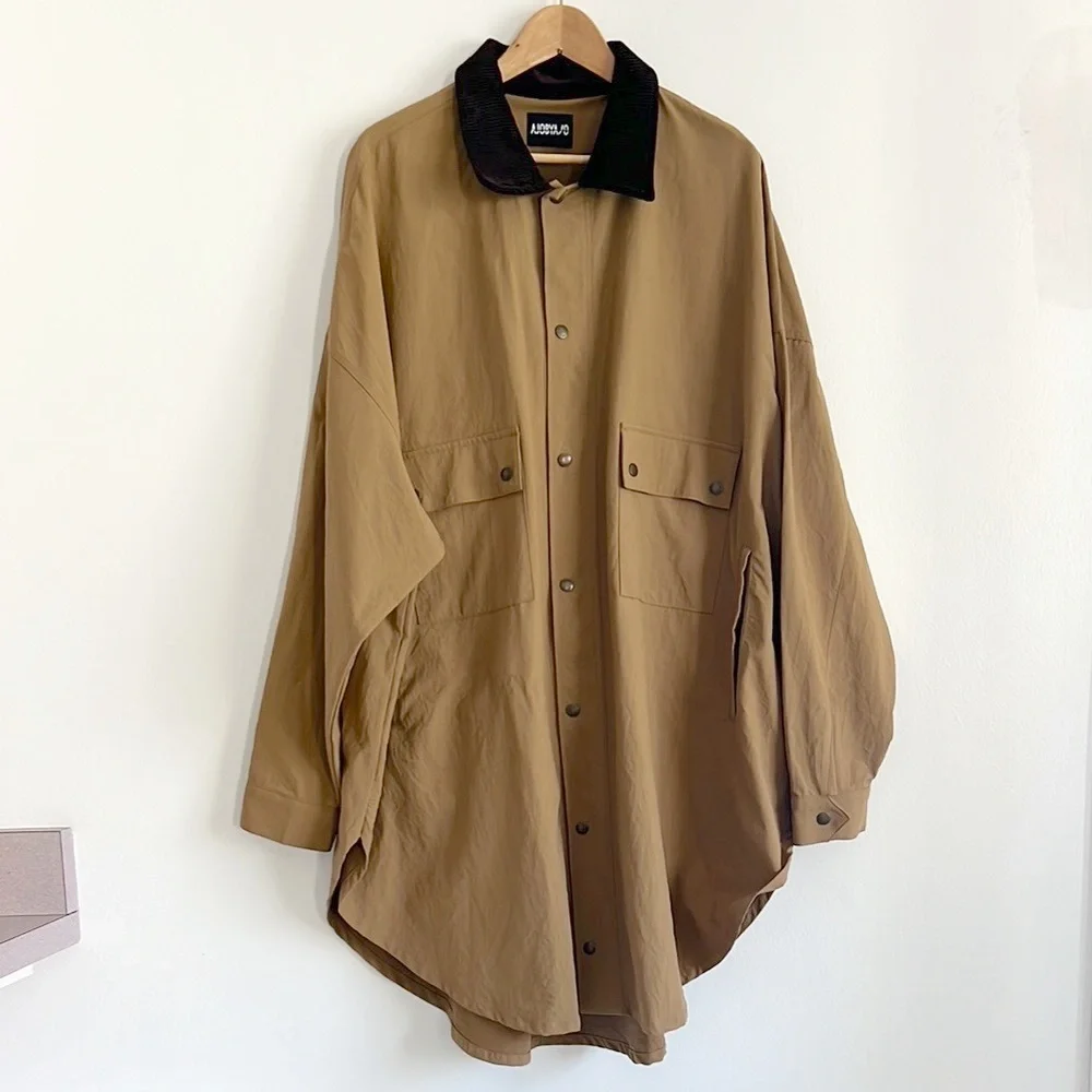 AJOBYAJO Oversized Wax Shirt Jacket Barn Chore Tan Brown NWT